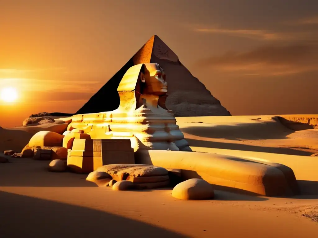 Una imagen ultradetallada en 8k muestra la silueta cautivadora de la Gran Esfinge de Giza al atardecer