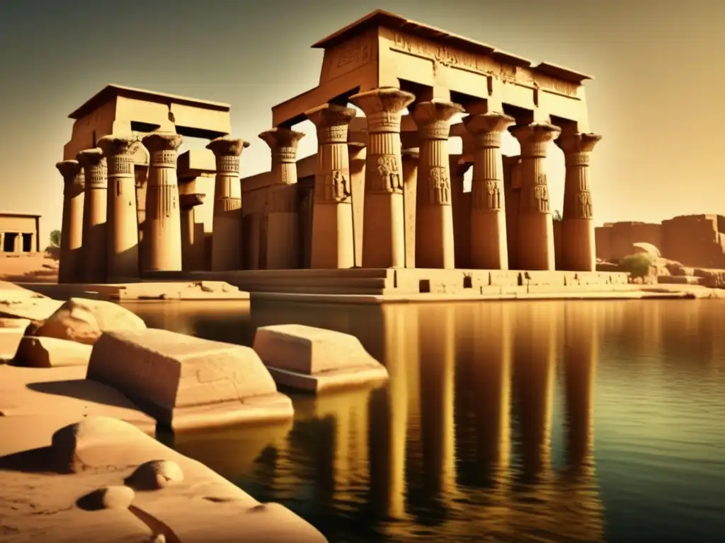 Una imagen ultradetallada en 8K del Templo de Isis en Filae, fusionando los estilos arquitectónicos griego y egipcio durante el período ptolemaico
