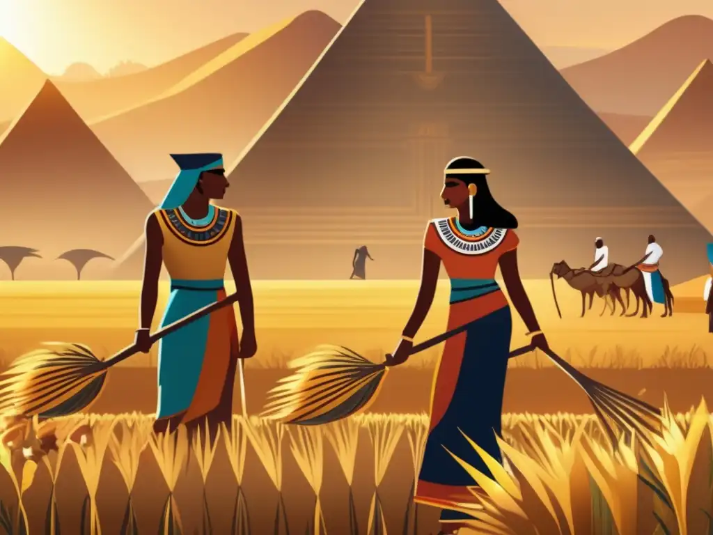 Una imagen ultradetallada en 8k de trabajadores egipcios en un campo de cebada, con las majestuosas pirámides de fondo