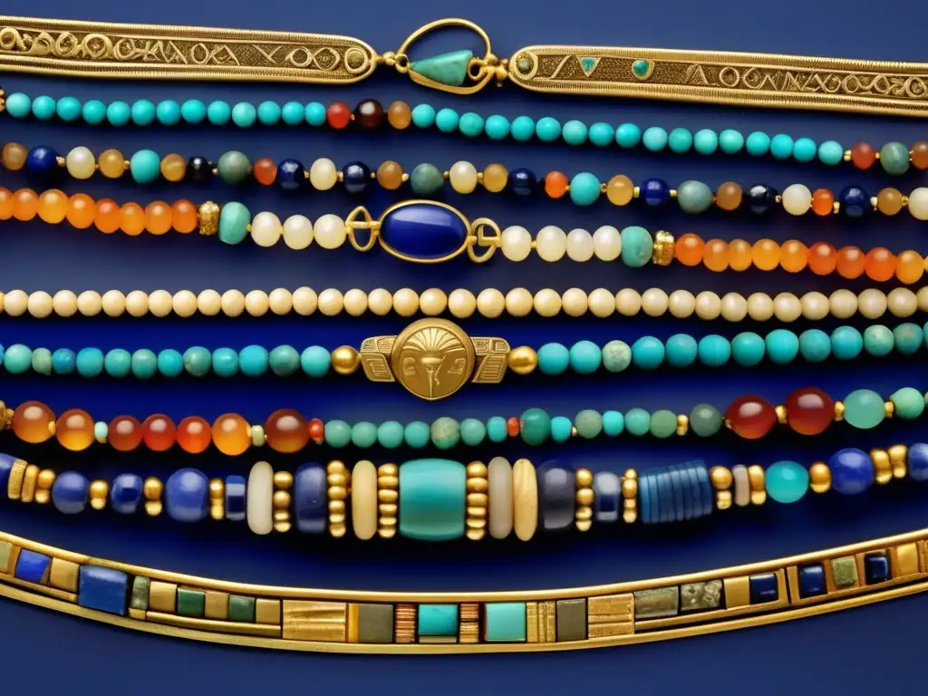 Una imagen en ultradetalle 8K muestra una colección cautivadora de collares y cuentas del antiguo Egipto