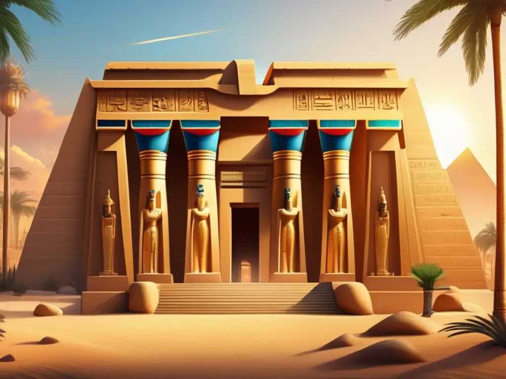 Una imagen ultrarrealista muestra un antiguo templo egipcio adornado con jeroglíficos intrincados y colores vibrantes