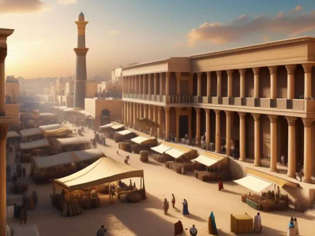 La imagen muestra un vibrante mercado en la antigua ciudad de Alejandría, Egipto, destacando la fusión de culturas ptolemaicas