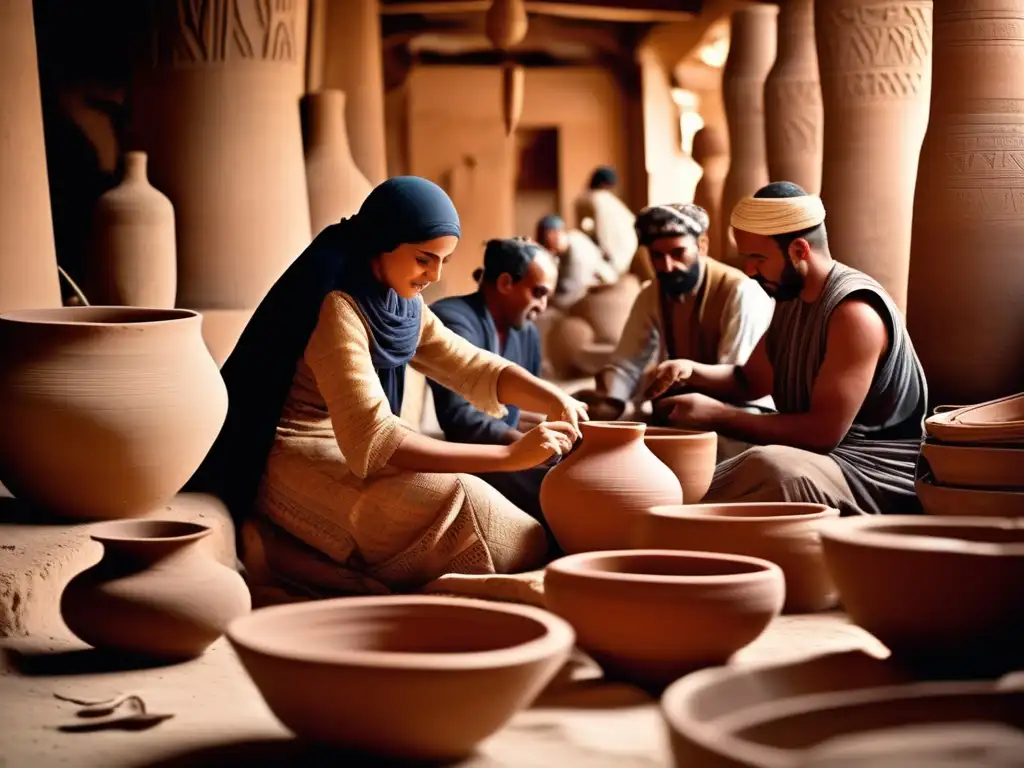 Una imagen vibrante y vintage de artesanos egipcios antiguos creando con meticulosidad cerámica