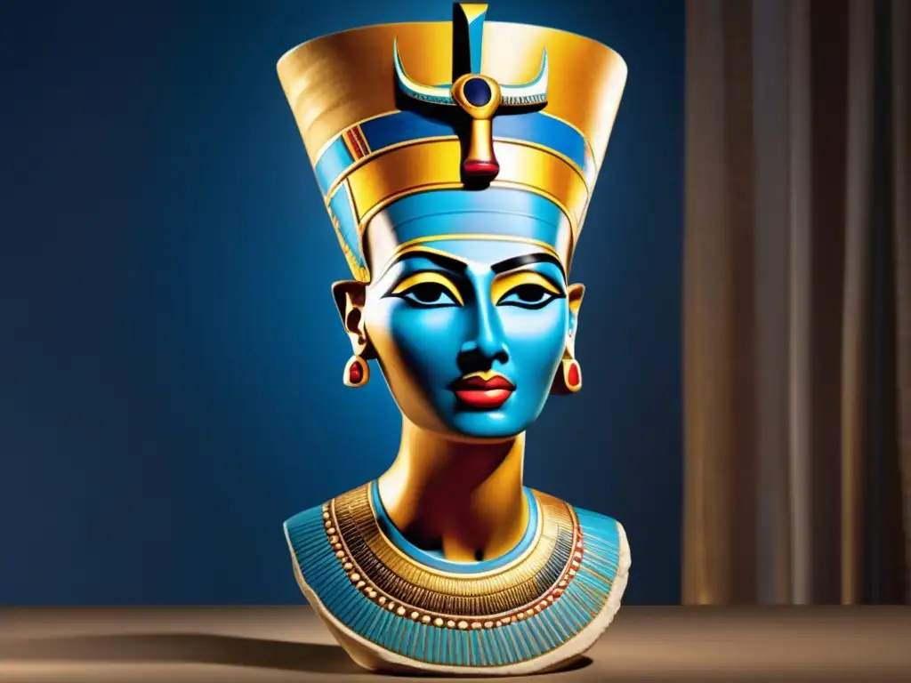Una imagen vibrante y vintage de la famosa escultura de piedra caliza de la reina Nefertiti del período de Amarna