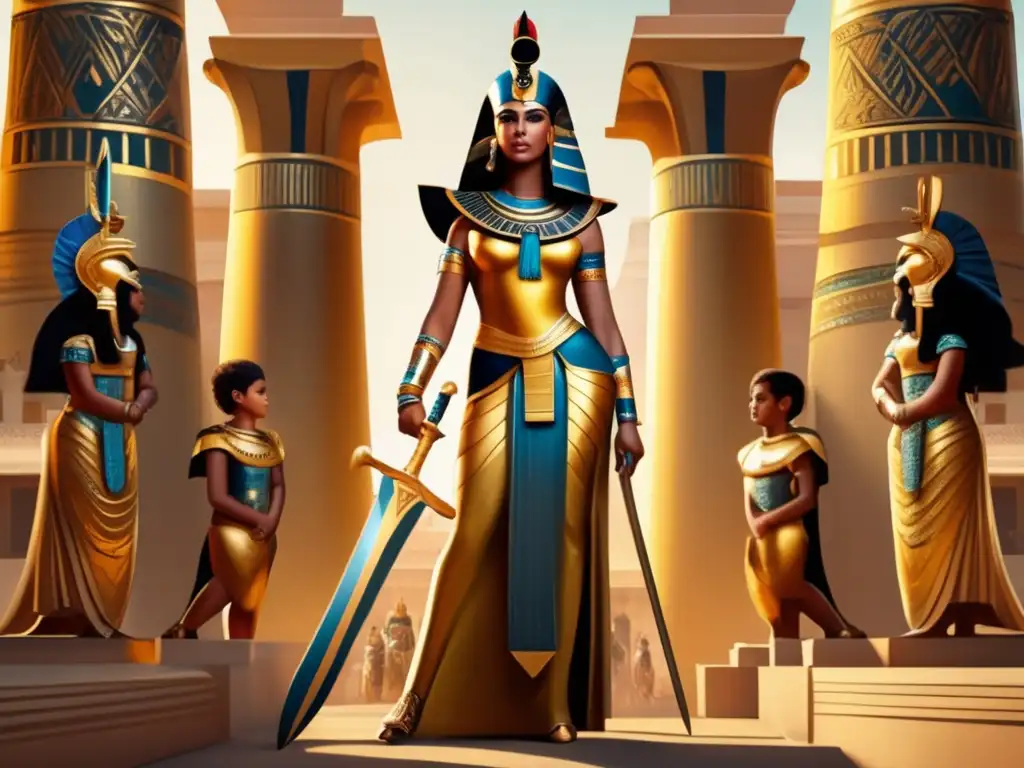 La imagen muestra a Cleopatra VII en su vida militar en Egipto, destacando su poderío y su papel histórico