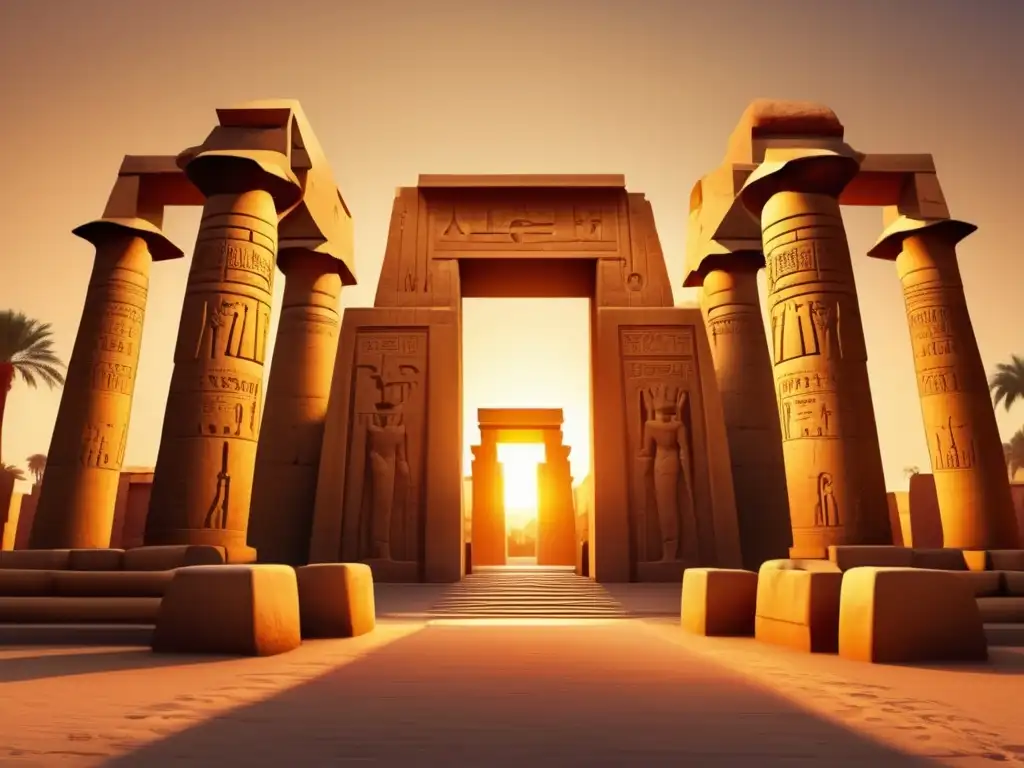 Una imagen vintage en alta resolución del Templo de Karnak al atardecer, con su majestuosa puerta iluminada por el cálido resplandor del sol poniente