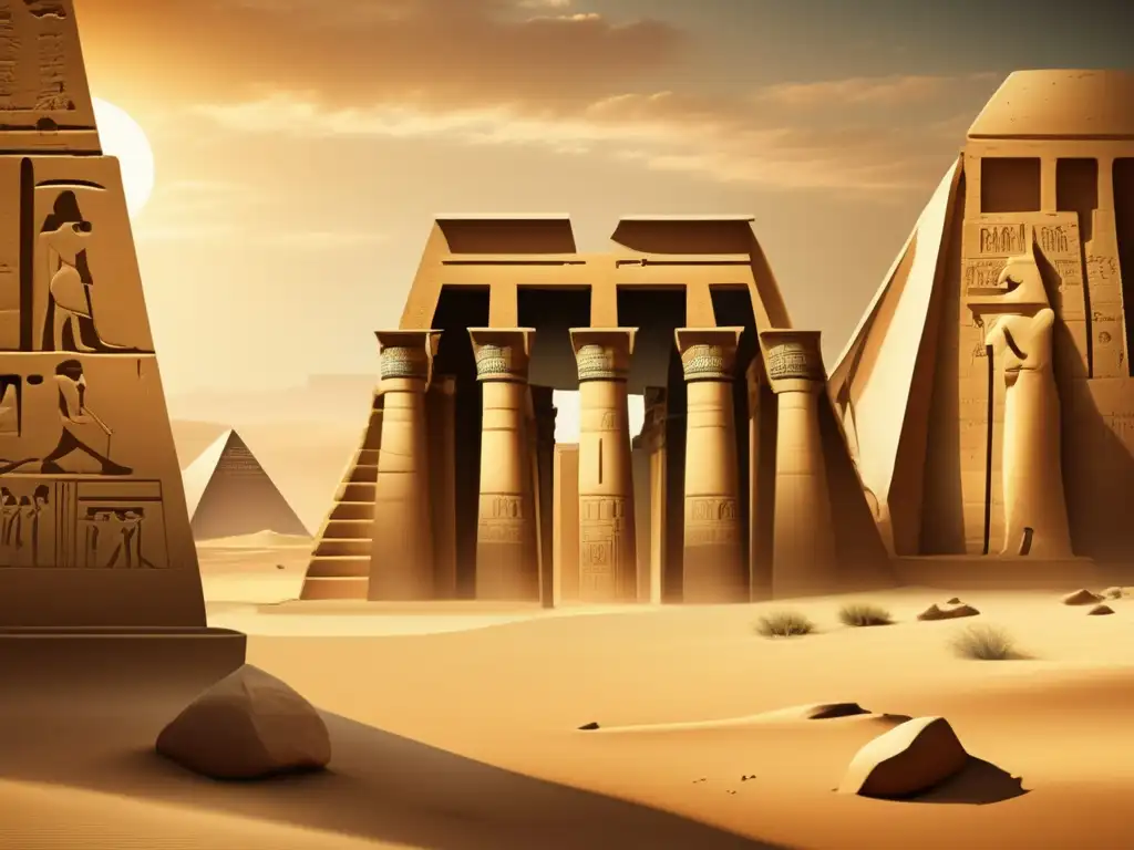Una imagen vintage en alta resolución muestra las ruinas de un antiguo templo egipcio rodeado de un paisaje desértico y cubierto parcialmente de arena
