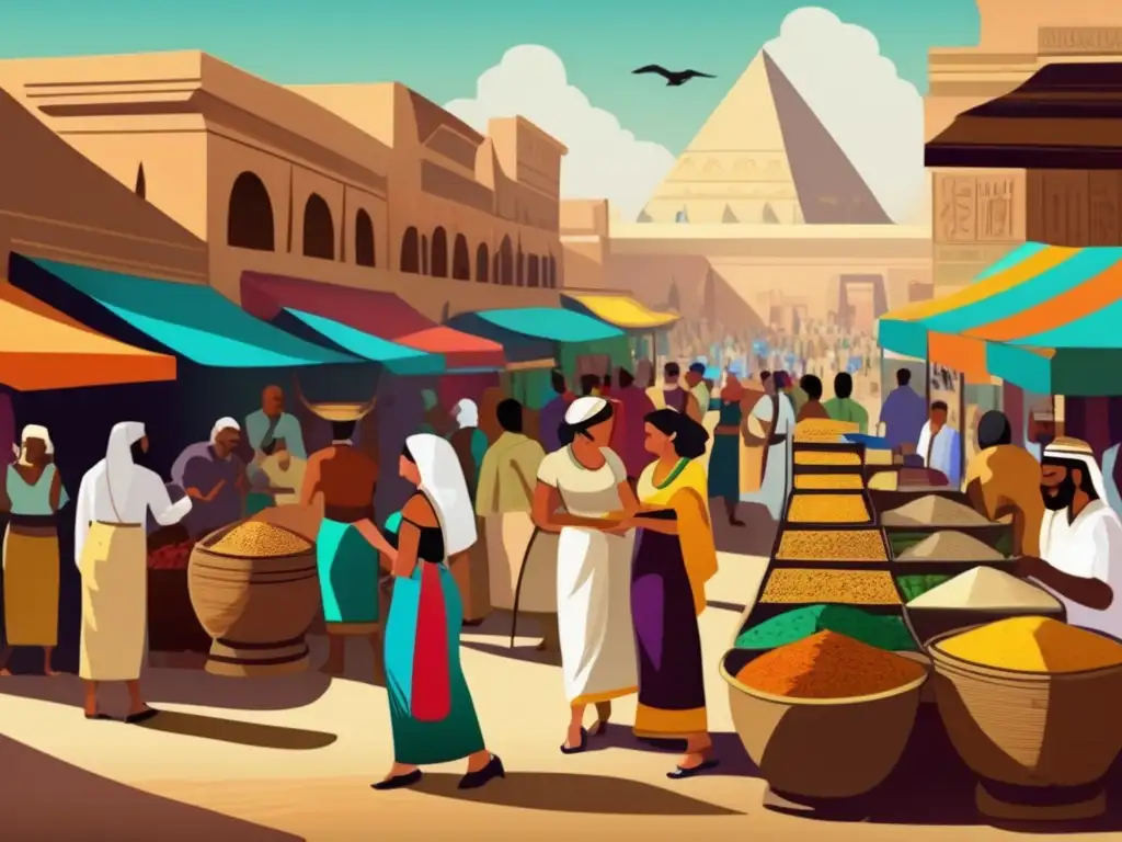 Una imagen vintage que muestra un animado mercado en el antiguo Egipto, destacando la influencia asiática