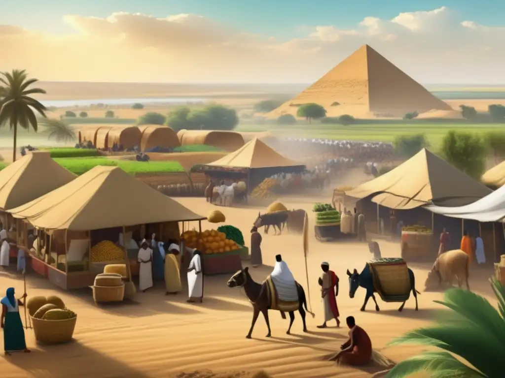 Una imagen vintage muestra un animado mercado egipcio durante el Imperio Nuevo, rodeado de exuberantes campos verdes y el poderoso río Nilo