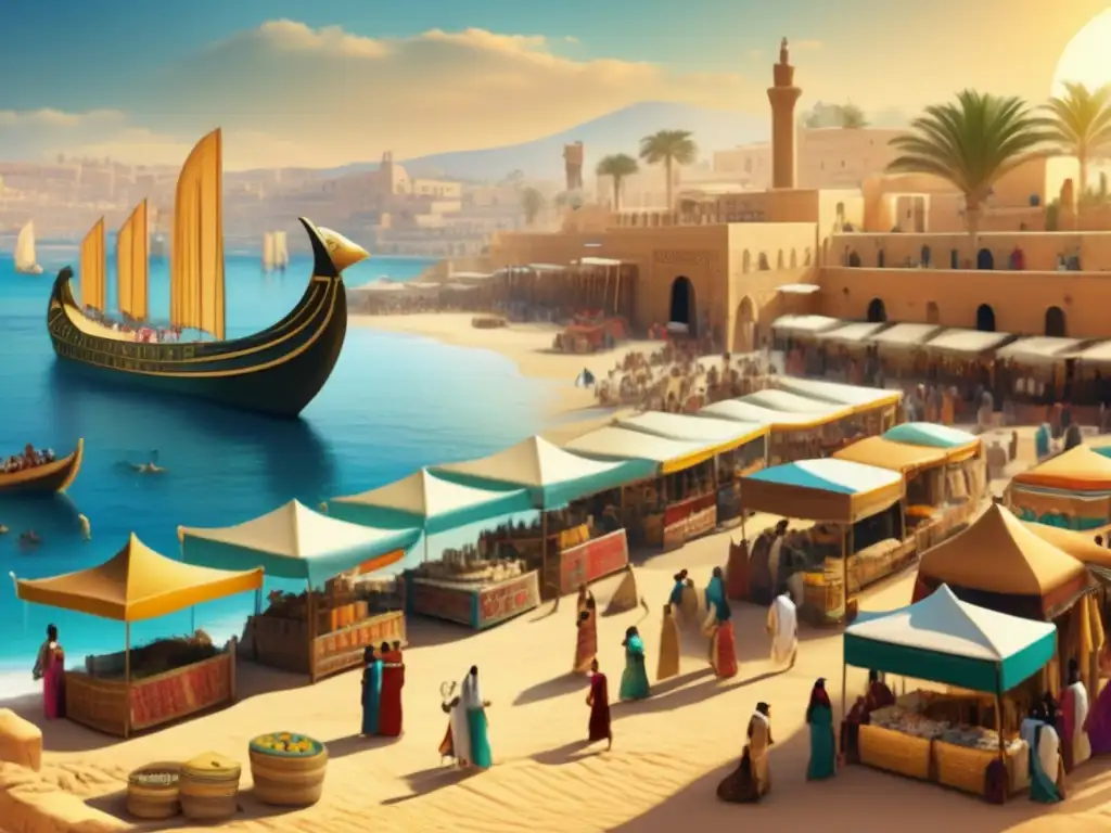 En esta imagen vintage, un animado mercado egipcio se mezcla con el mar Mediterráneo