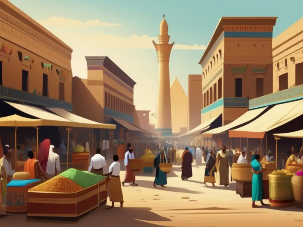 Una imagen vintage que retrata un animado mercado en el antiguo Egipto, con colores vibrantes y detalles intrincados