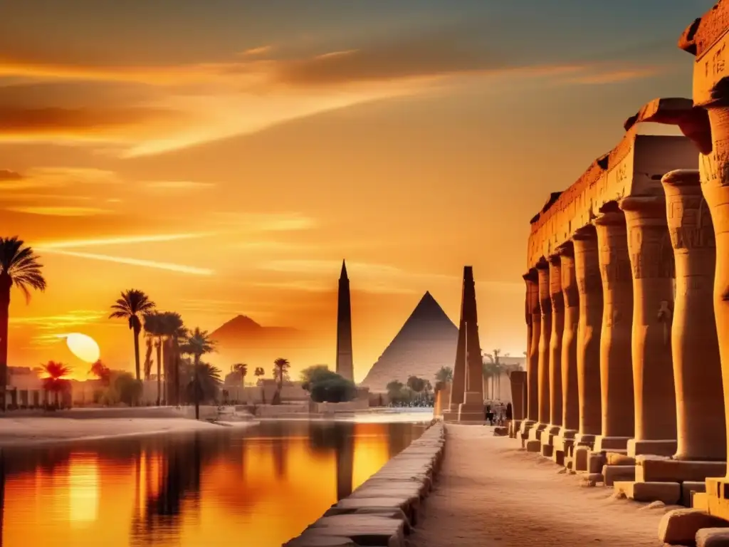 Una imagen vintage que muestra la antigua ciudad de Luxor, con sus magníficos templos y monumentos icónicos, bajo un vibrante atardecer