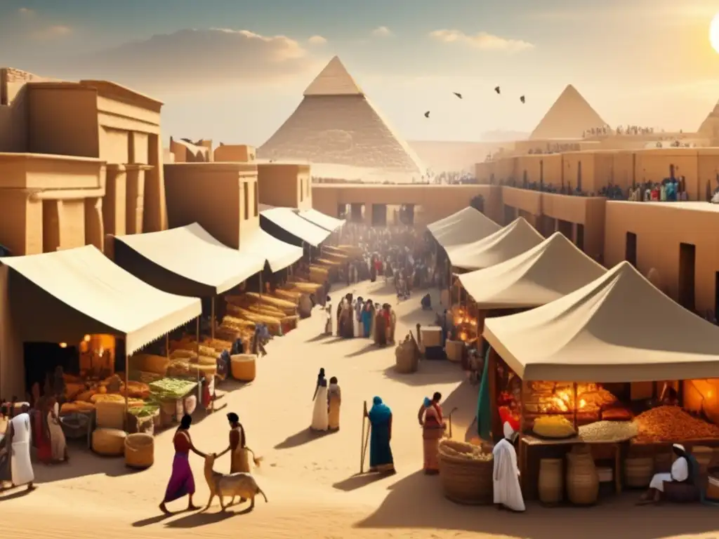 Una imagen vintage en el antiguo Egipto muestra un bullicioso mercado, reflejando los signos de estratificación social