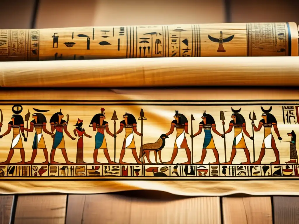 Una imagen vintage en 8k de un antiguo papiro egipcio desplegado sobre una mesa de madera desgastada