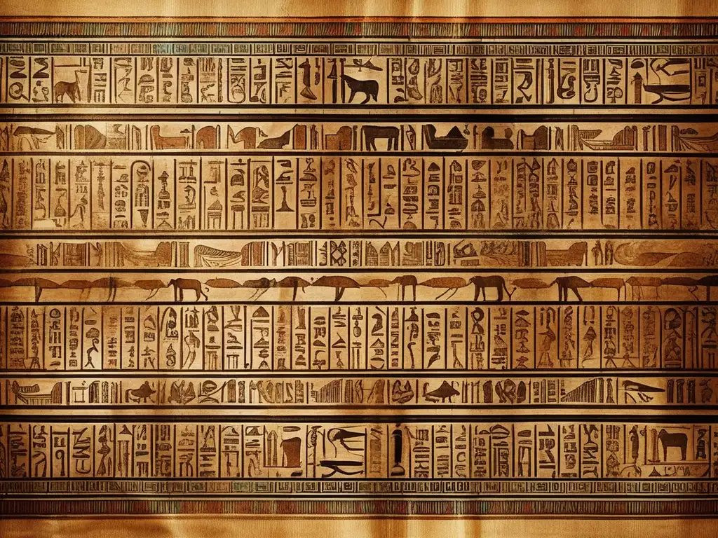 Una imagen vintage de un antiguo pergamino egipcio desenrollándose, revelando textos jeroglíficos bellamente preservados