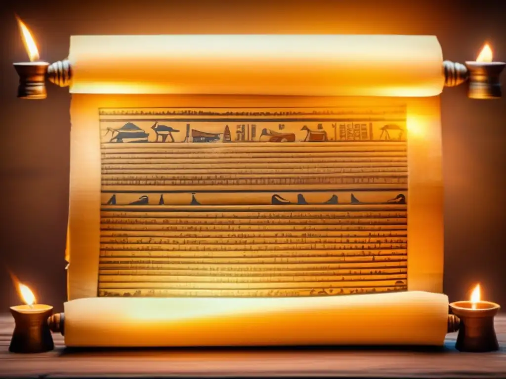 Una imagen vintage de un antiguo pergamino egipcio del Libro de los Muertos, desplegado con delicadeza sobre una mesa de madera