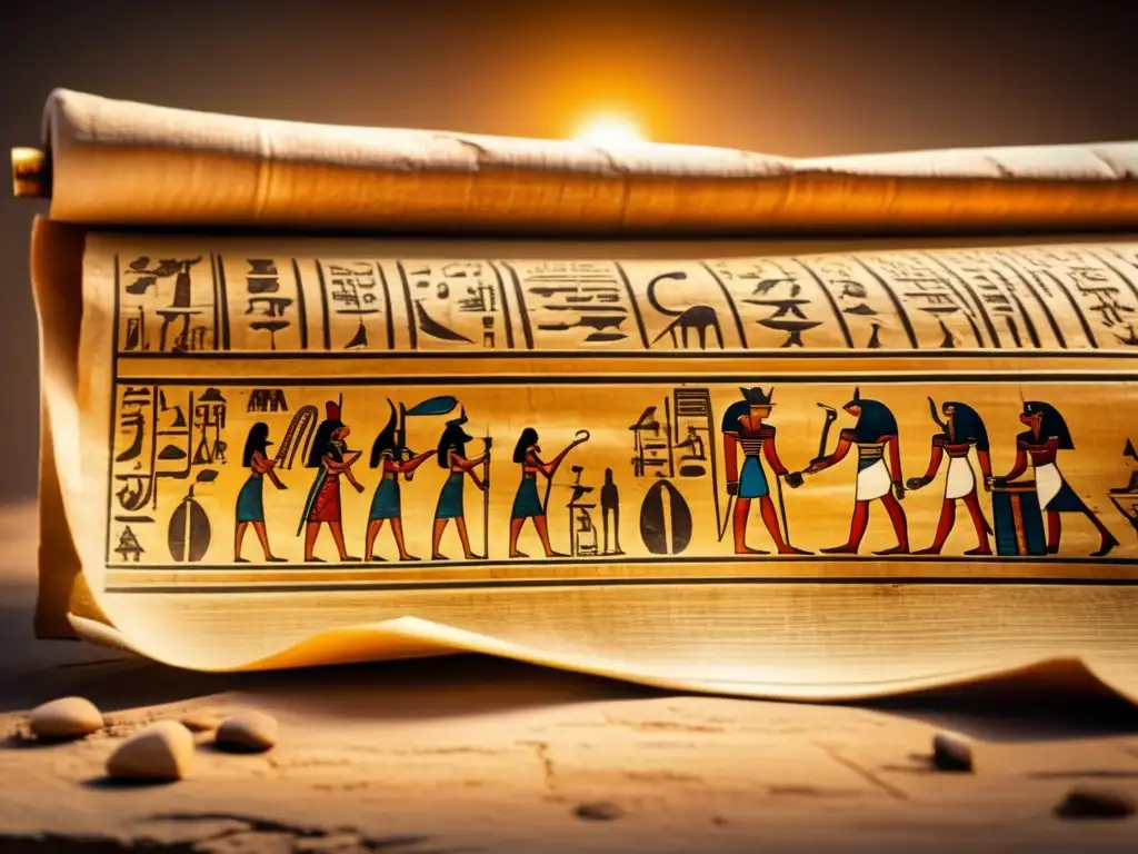 Misterioso pergamino egipcio: sabiduría ancestral en las páginas del Libro de Thoth Una imagen vintage de un antiguo pergamino egipcio desplegado sobre una superficie de piedra desgastada