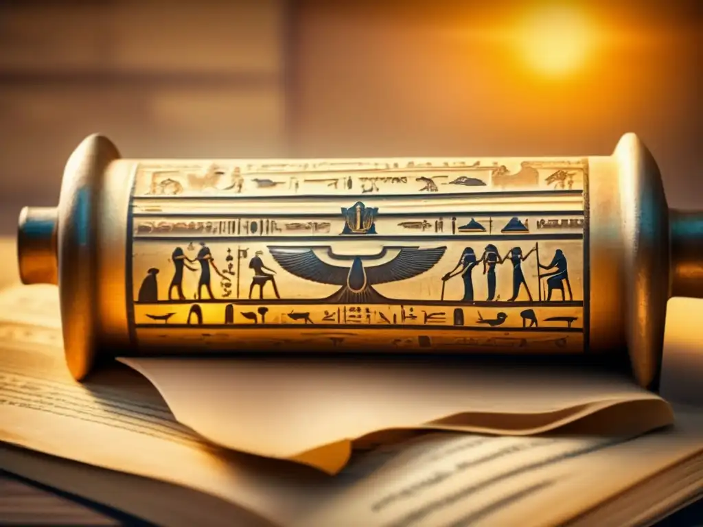El antiguo pergamino del Libro de Thoth: sabiduría eterna y misterio Una imagen vintage de un antiguo pergamino egipcio, envejecido con el tiempo