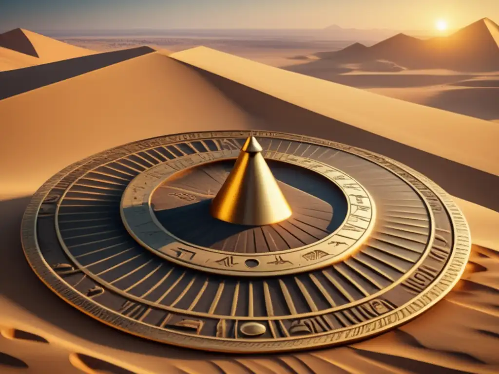 Una imagen vintage en 8k muestra un antiguo reloj de sol egipcio en el desolado paisaje del desierto