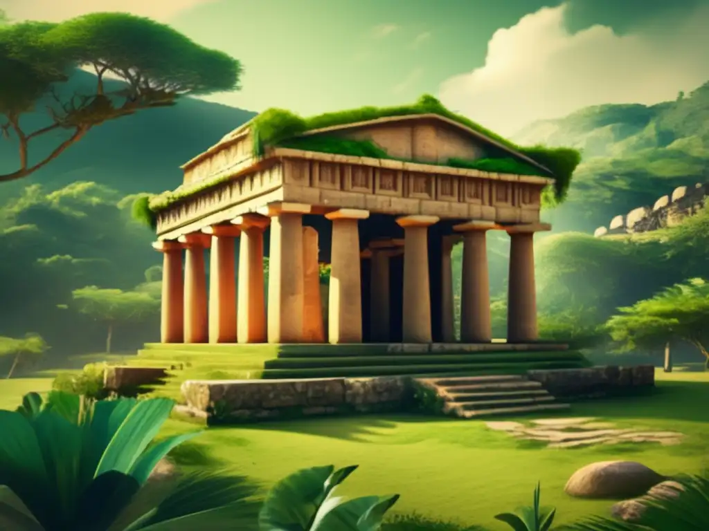 Una imagen vintage de un antiguo templo rodeado de exuberante vegetación, que ilustra el rol de los templos en la gestión de riquezas y recursos