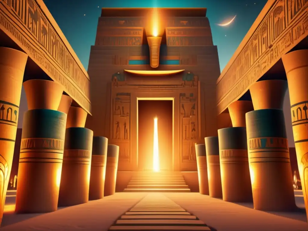 Una imagen vintage en 8k muestra un antiguo templo egipcio, iluminado por el suave resplandor de antorchas