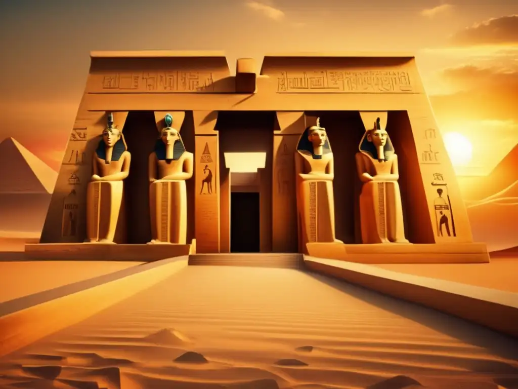 Una imagen vintage que muestra un antiguo templo egipcio al atardecer