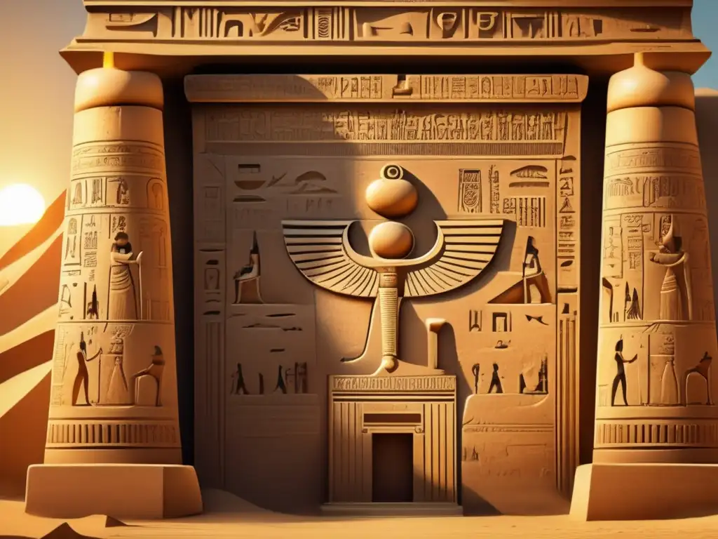 Una imagen vintage de un antiguo templo egipcio con simbología jeroglífica detallada