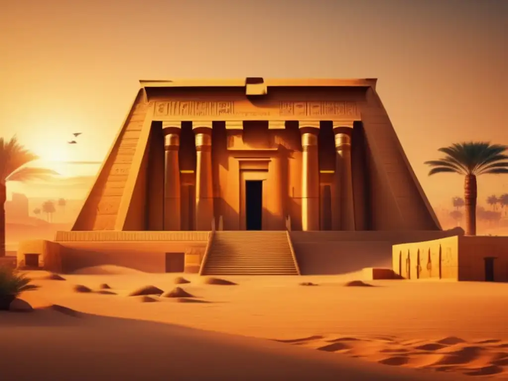 Templo egipcio ancestral: legado real y rituales de sucesión Una imagen vintage en 8k muestra un antiguo templo egipcio bañado por los cálidos tonos del atardecer