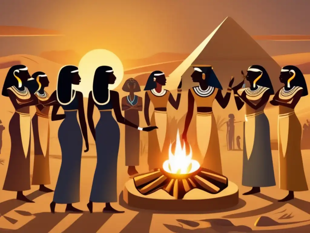 Una imagen vintage que muestra a antiguos egipcios reunidos alrededor de un fuego sagrado en el crepúsculo