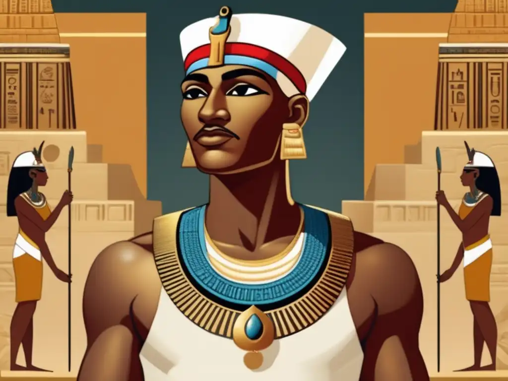 Imagen vintage de Imhotep, arquitecto, ingeniero y médico del antiguo Egipto, con atuendo tradicional y pergamino, frente a majestuosas estructuras egipcias