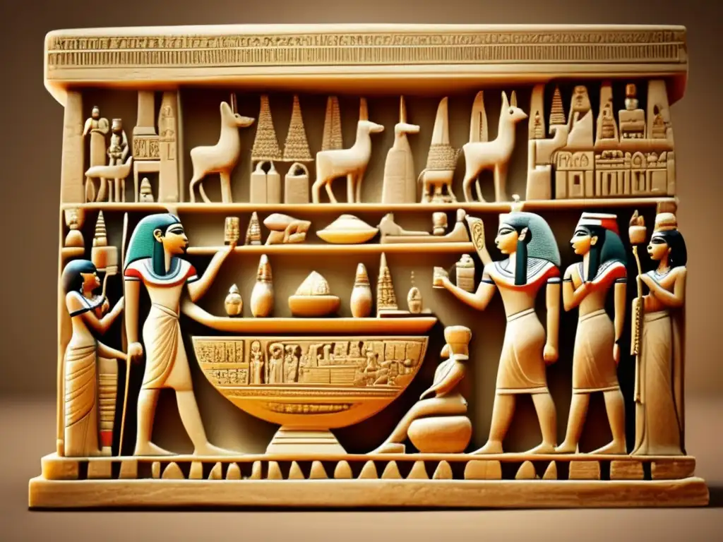 Una imagen vintage de un artefacto egipcio bellamente preservado que representa una escena del Segundo Periodo Intermedio