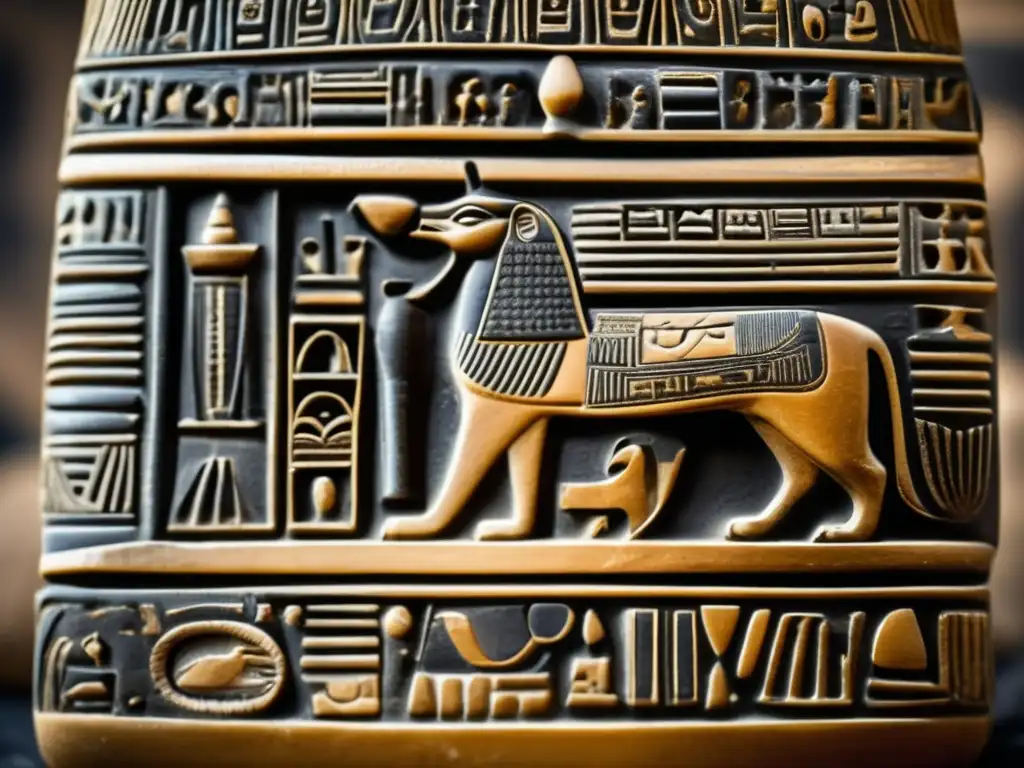 Una imagen vintage de un artefacto egipcio predinástico tallado en piedra oscura, decorado con motivos simbólicos y jeroglíficos