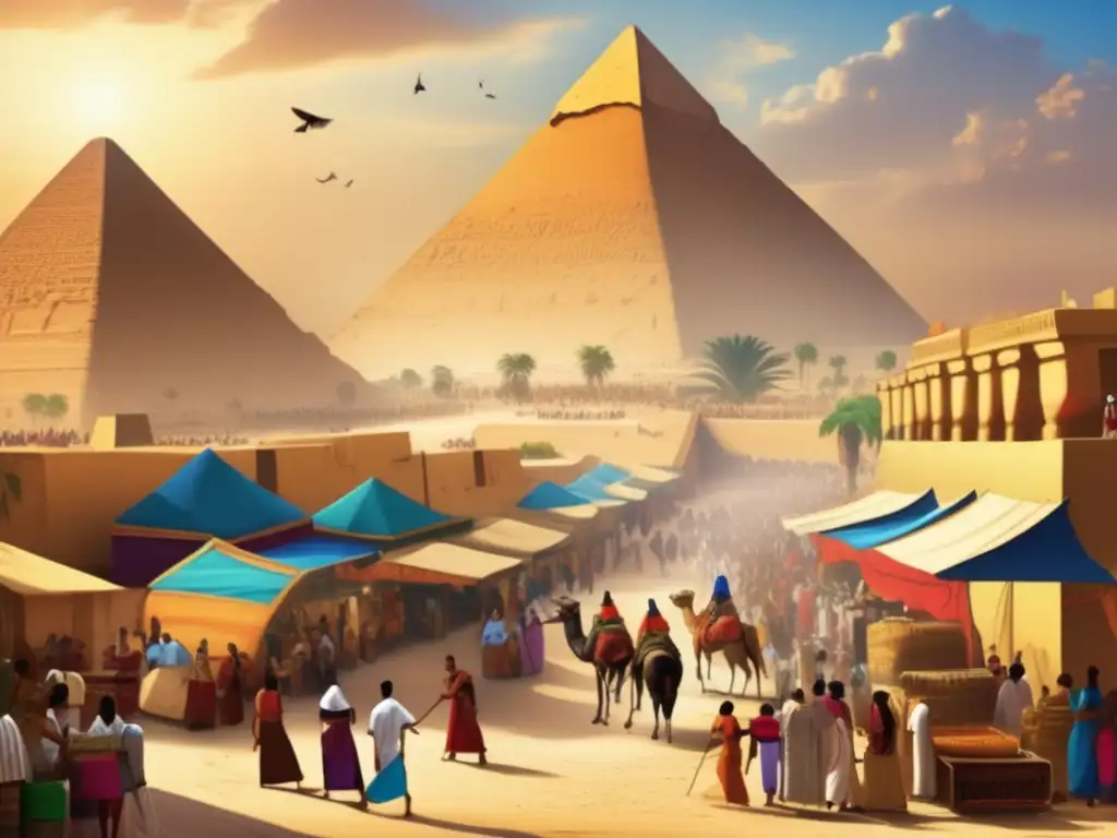 Una imagen vintage que muestra las bulliciosas calles del antiguo Egipto con las majestuosas pirámides en la distancia