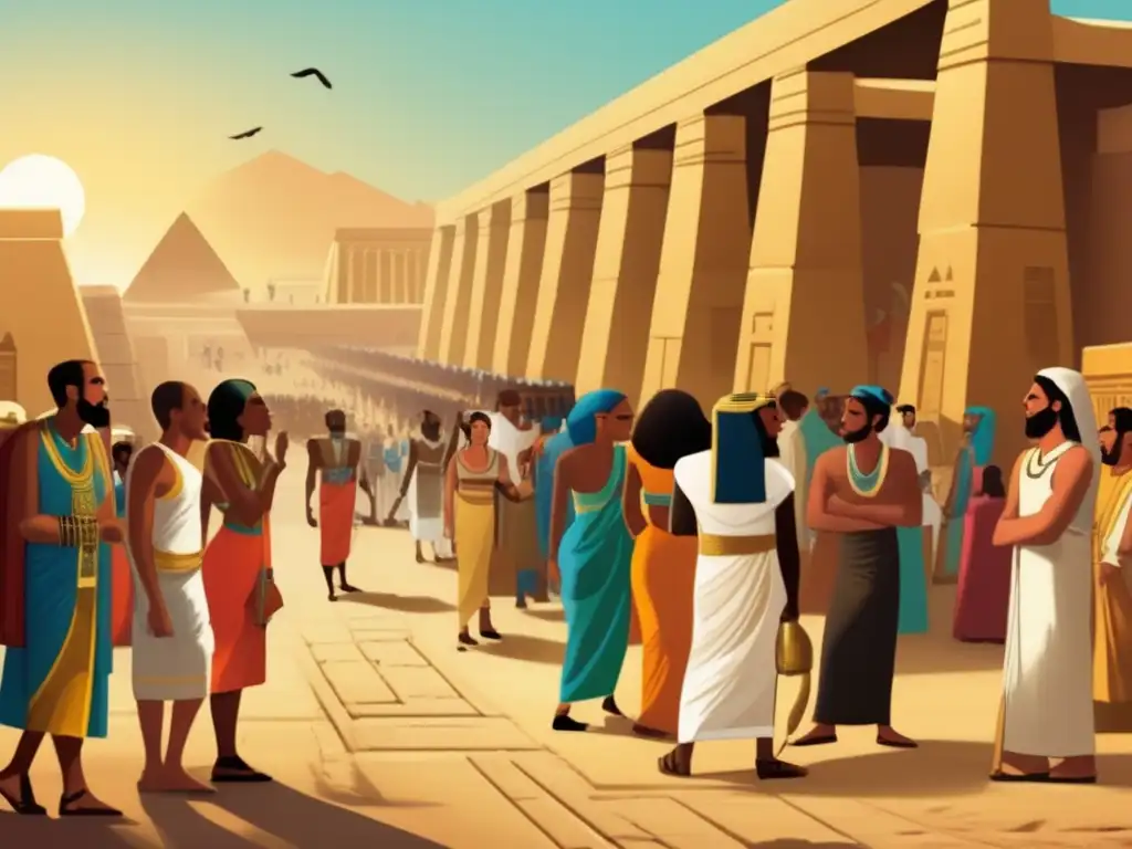 Una imagen vintage que muestra las bulliciosas calles del antiguo Egipto, con personas de diferentes orígenes conversando animadamente