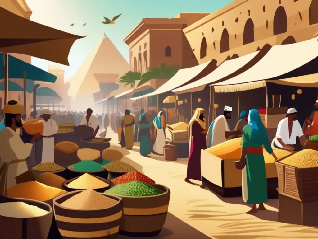 Una imagen vintage de un bullicioso mercado egipcio antiguo resalta la importancia de los granos en Egipto