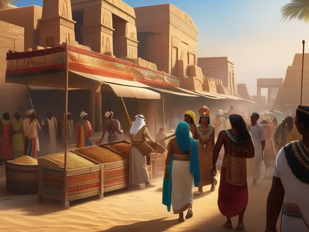Una imagen vintage muestra el bullicioso mercado en el antiguo Egipto, donde se entrelazan las relaciones interculturales entre Nubia y Egipto