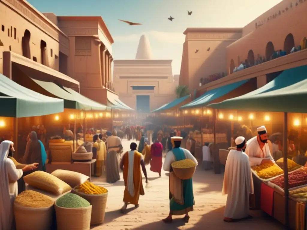 Una imagen vintage en 8k muestra un bullicioso mercado durante el Tercer Periodo Intermedio en el antiguo Egipto