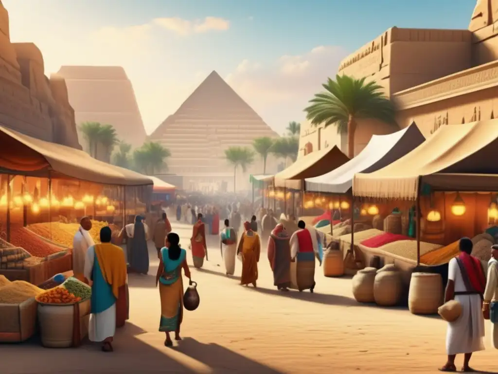 Una imagen vintage en 8k muestra el bullicioso mercado del antiguo Egipto durante el Imperio Medio