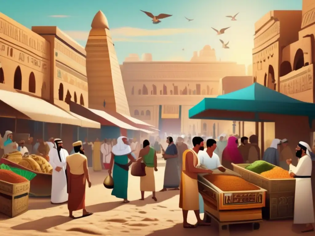 Una imagen vintage muestra un bullicioso mercado en el antiguo Egipto, con colores vibrantes y detalles intrincados