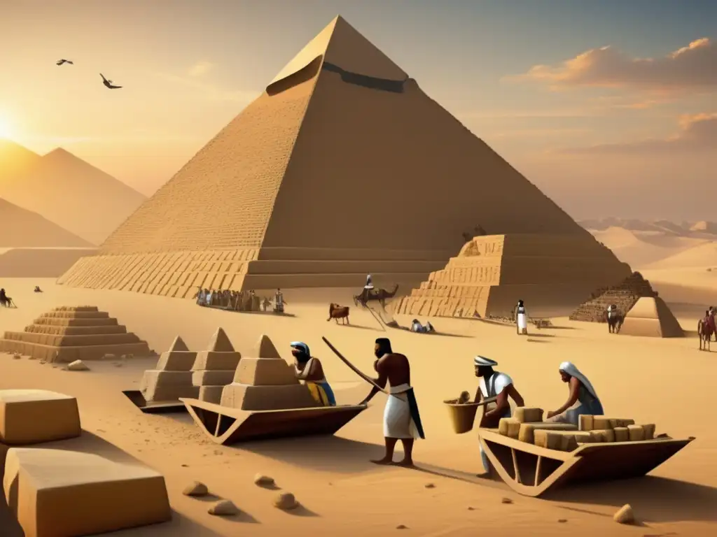Una imagen vintage que muestra un bullicioso sitio de construcción en el antiguo Egipto