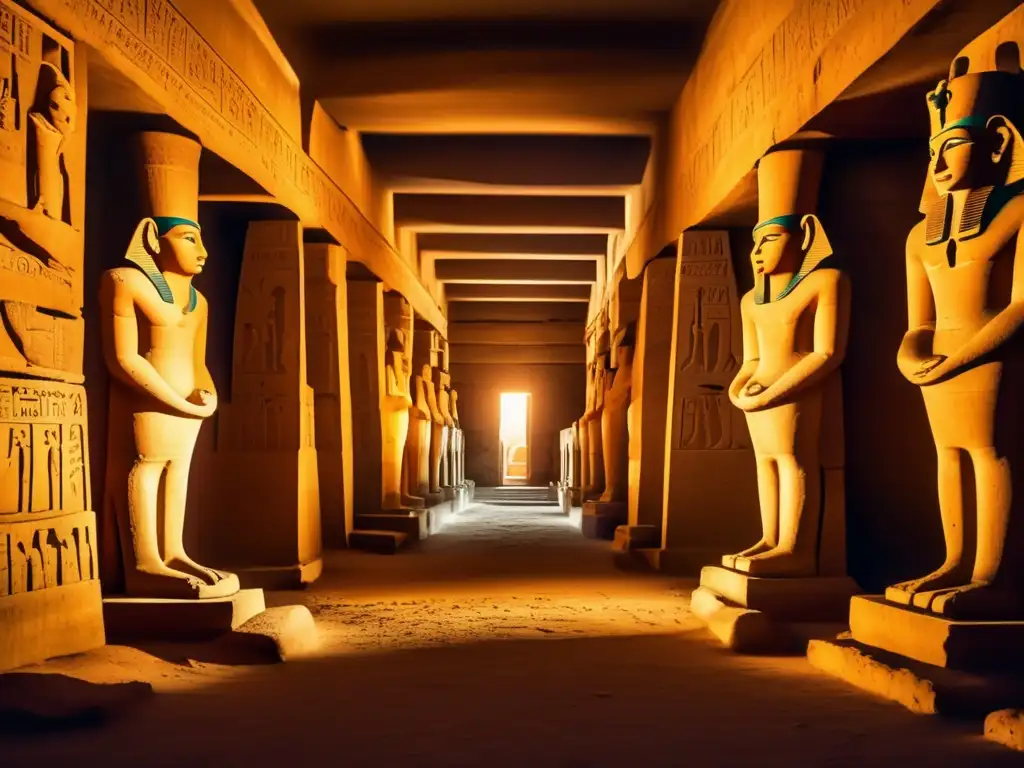 Una imagen vintage de la Cachette de Karnak, con estatuas faraones en una cámara subterránea llena de misterio y grandeza