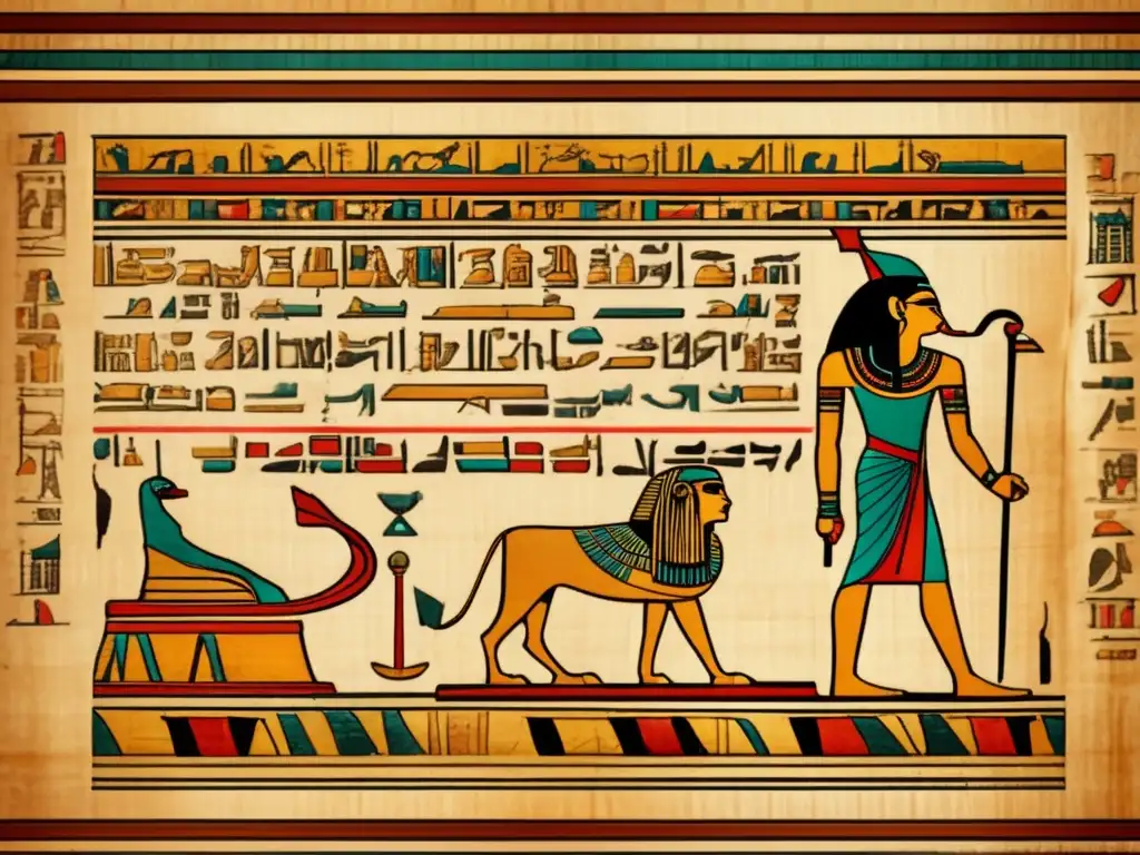 Una imagen vintage cautivadora muestra un antiguo pergamino egipcio con complejidad matemática en sus intrincados jeroglíficos