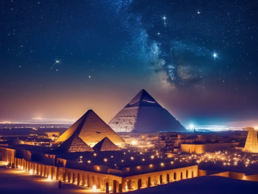 Una imagen vintage de alta resolución muestra el cielo nocturno sobre una antigua ciudad egipcia