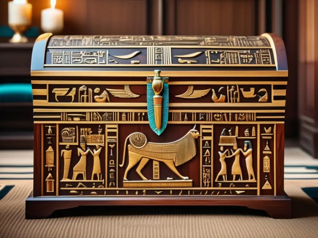 Una imagen vintage 8k de un cofre de madera tallado con jeroglíficos egipcios, en una lujosa decoración del hogar en Egipto