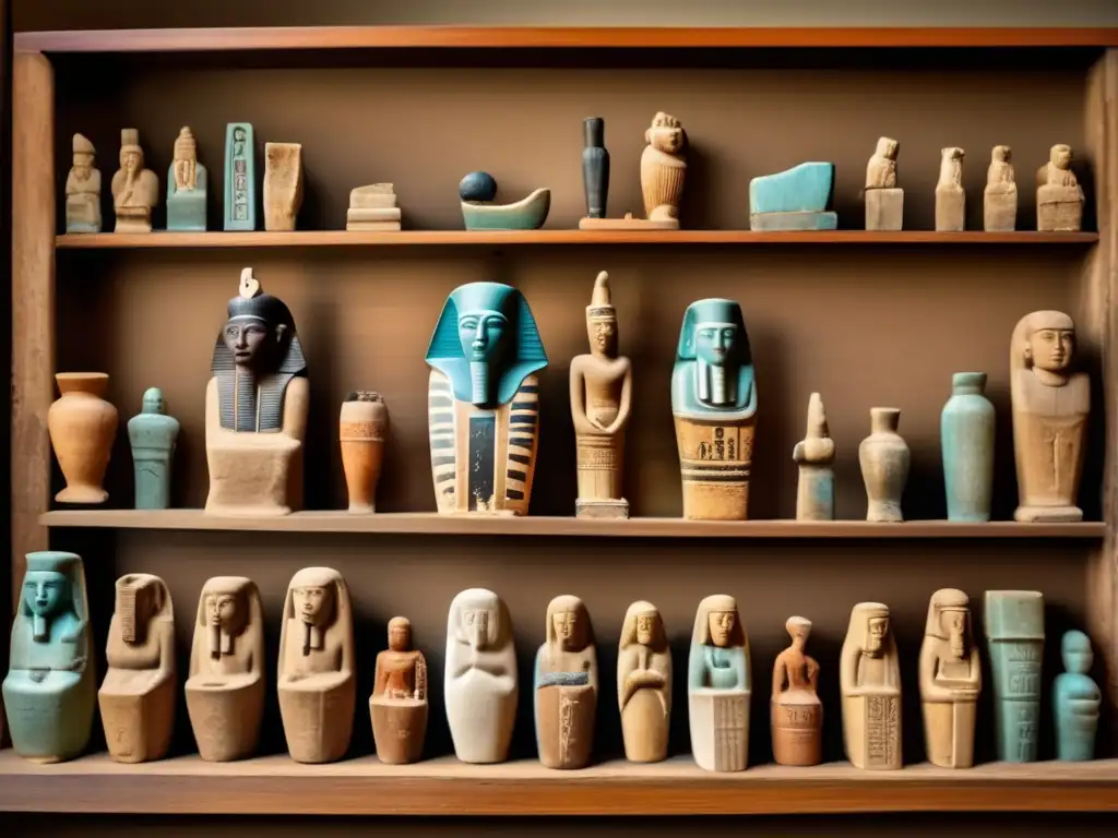 Una imagen vintage en alta definición muestra una colección de Shabtis, figuras funerarias egipcias, en una estantería de madera desgastada