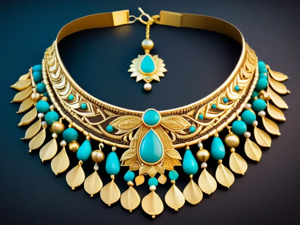 Una imagen vintage de un Collar Menat bellamente elaborado, con detalles de oro y turquesa, destaca sobre un fondo de terciopelo oscuro