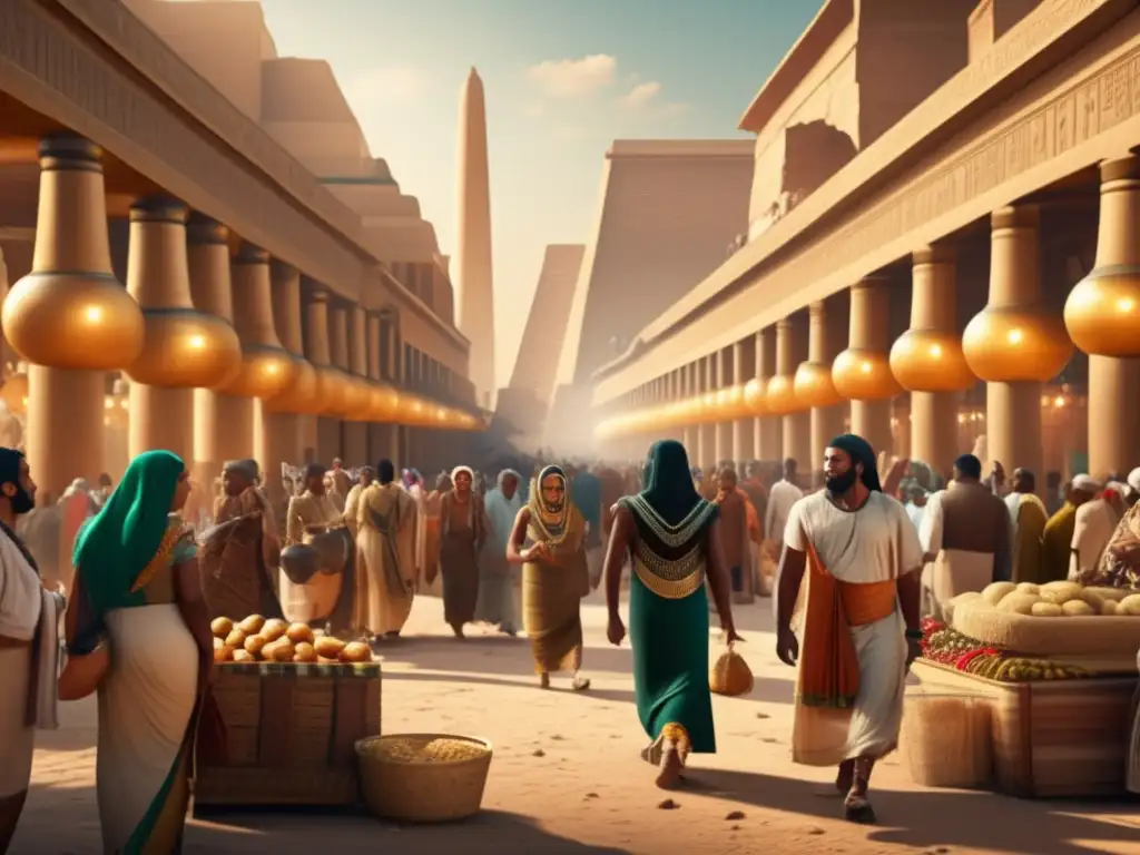 Una imagen vintage detallada en 8k que muestra una animada escena de mercado en el antiguo Egipto del Imperio Nuevo, reflejando su próspera economía