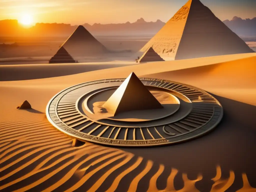 Una imagen vintage detallada que muestra un antiguo reloj de sol egipcio junto a las majestuosas pirámides