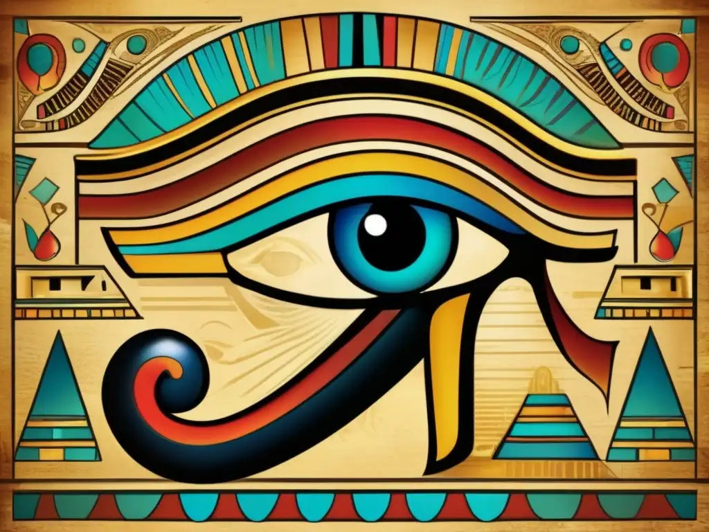 Una imagen vintage detallada de un antiguo artefacto egipcio que muestra el Ojo de Horus, con colores vibrantes y detalles intrincados