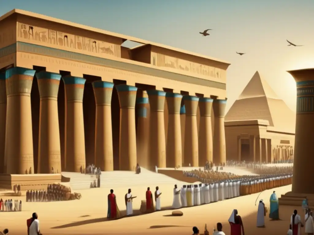 Una imagen vintage detallada de un complejo de templos egipcios durante el Periodo Dinástico Temprano, resaltando el papel del clero en Egipto